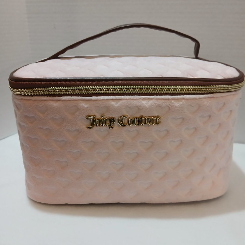 Juicy Couture Women's Cosmetics Train Case- Pink Velour with Embossed Hearts - Picture 2 of 13